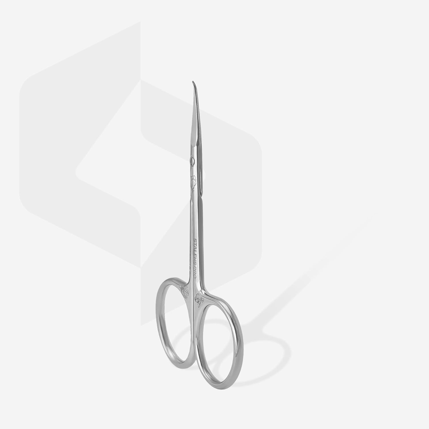Staleks Pro Exclusive 23 Type 2 Cuticle Scissors front view showing the unique hook-shaped blade tip and premium polished finish.