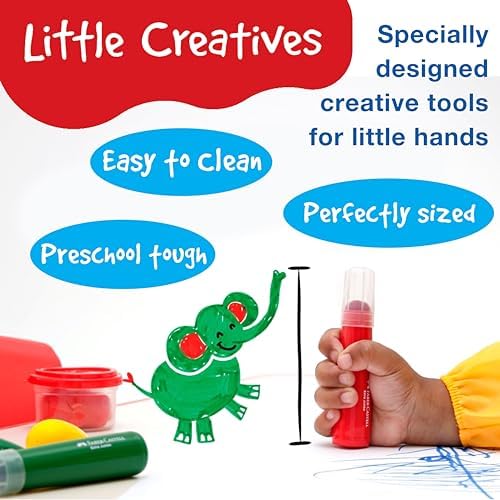 Faber-Castell washable paint sticks color swatches on white drawing paper for preschool art