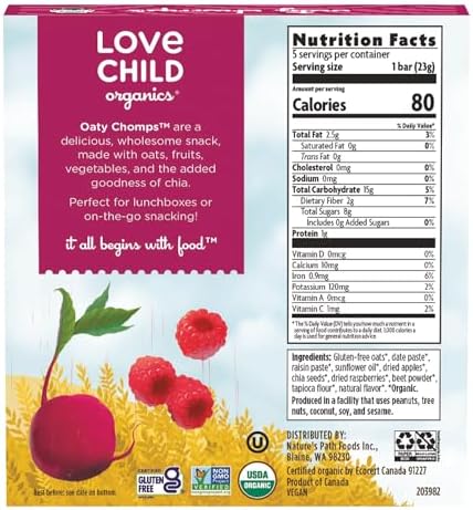 Individually wrapped organic fruit and veggie oat bars showing the raspberry and beet flavor graphics.