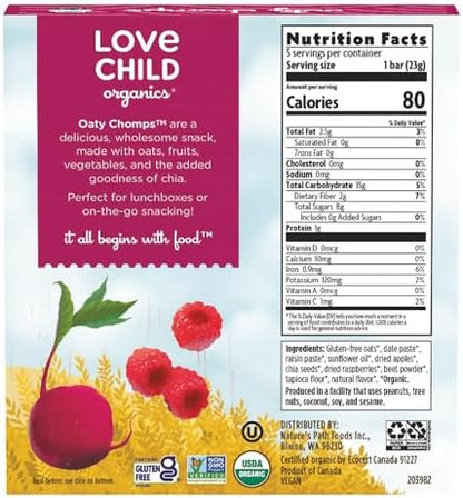 Individually wrapped organic fruit and veggie oat bars showing the raspberry and beet flavor graphics.