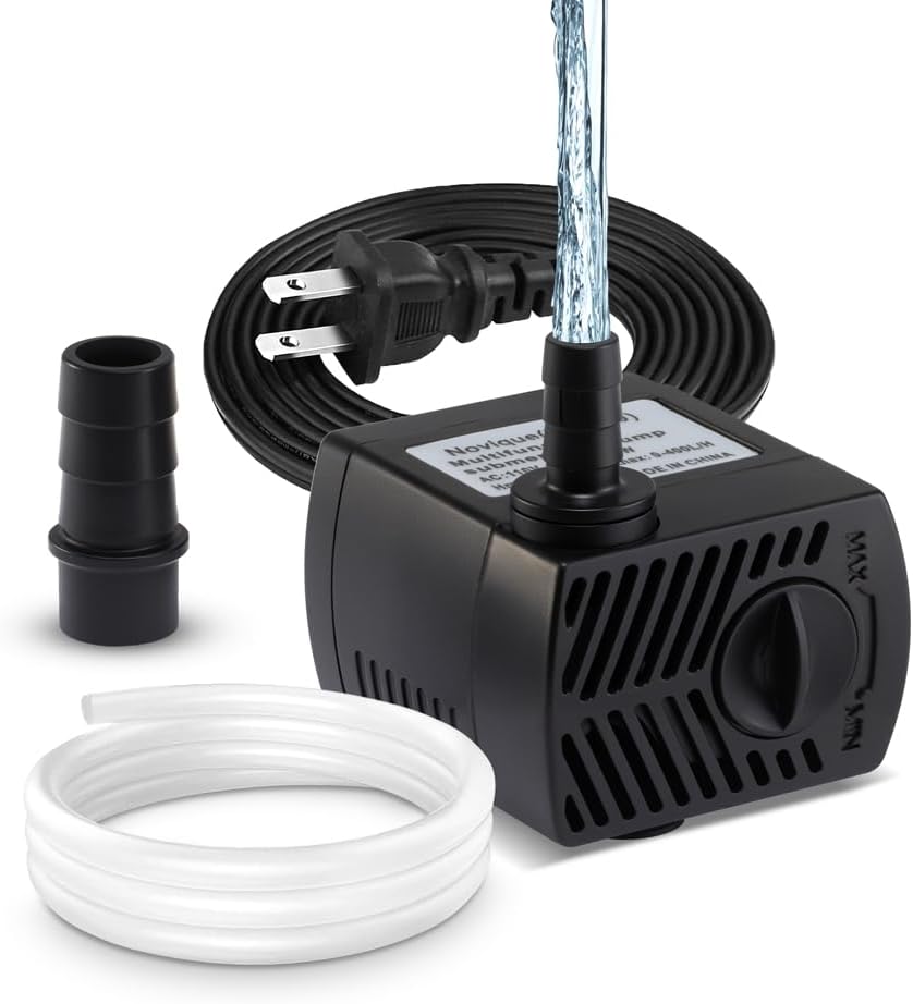 Novique submersible water pump front view showcasing compact design for indoor aquariums.