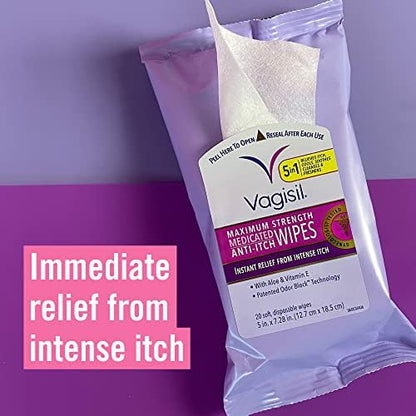 Vagisil maximum strength vaginal wipes packaging showing 20 count per pack