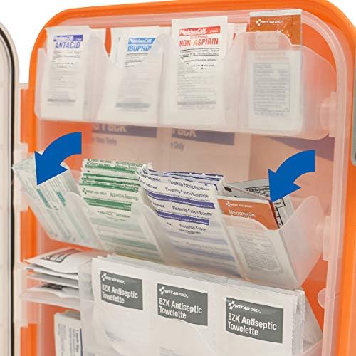 Internal compartments of the 336 piece first aid kit showing bandages and ointments.