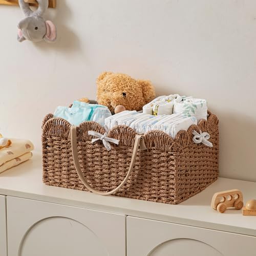 HBlife woven storage bin with leather handles in nursery setting