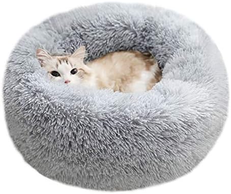 Modern Soft Plush Round Pet Bed for Cats or Small Dogs, Mini Medium Sized Dog Cat Bed Self Warming Autumn Winter Indoor Snooze Sleeping Cozy Kitty Teddy Kennel (20'' D x 8'' H, Light Grey) - Image 2