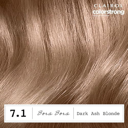 Side panel of Clairol ColorStrong dark ash blonde showcasing 100 percent gray coverage.