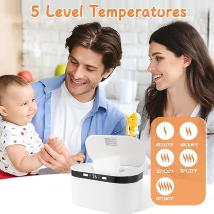 Side profile of Tyj Baby Wipe Warmer with night light illuminated