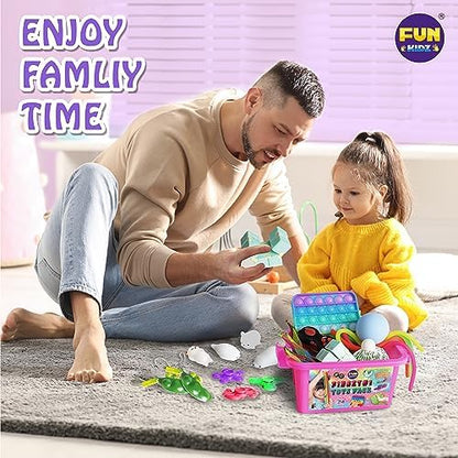Child holding FunKidz fidget toy pack portable case