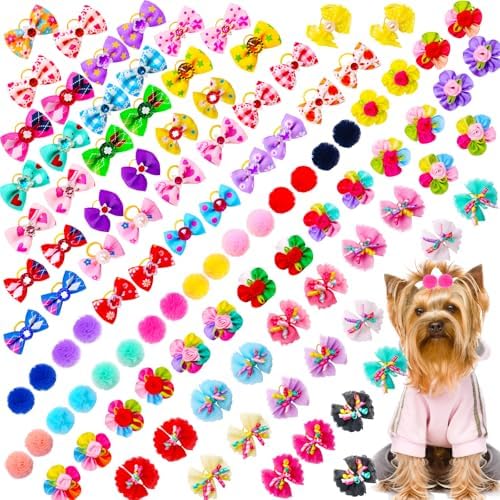 Close up of handmade puppy grooming bows with pearls and rhinestones