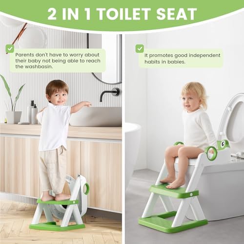 Independent step stool mode of the green COOSEYA frog seat being used at a bathroom wash basin.