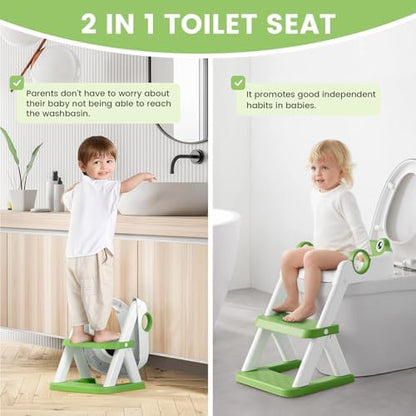 Independent step stool mode of the green COOSEYA frog seat being used at a bathroom wash basin.