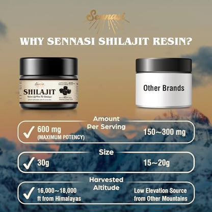 Sennasi maximum potency 600mg shilajit resin premium glass packaging.