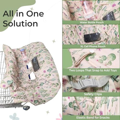 Infant safety seat cover with toy loops and water bottle strap