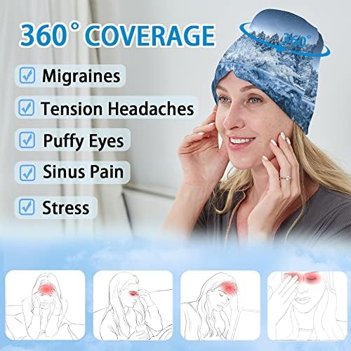Model wearing Faslofdr migraine relief cap for eye and head tension.