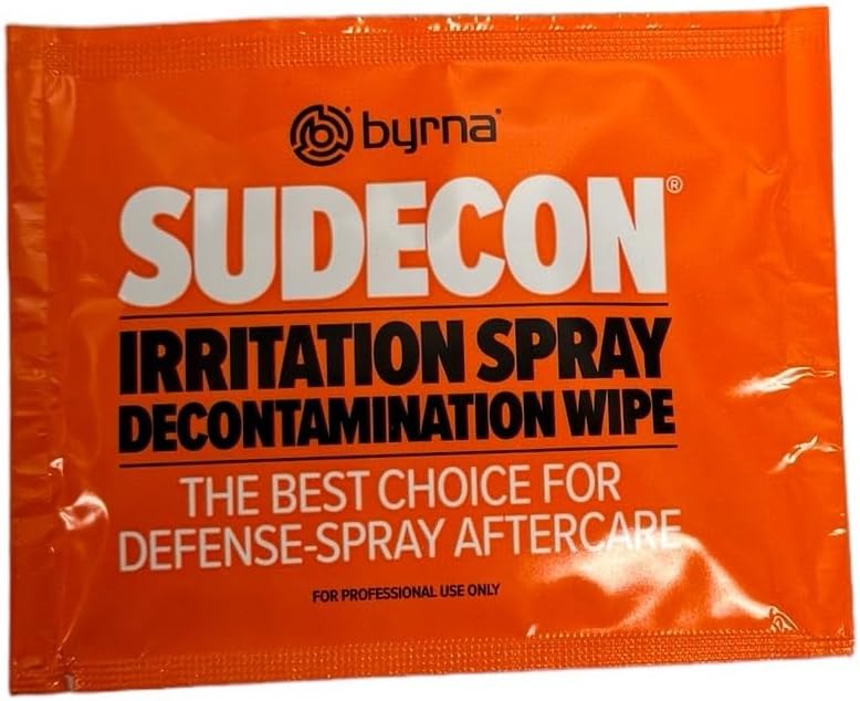 Individual Sudecon towelette pouches for pepper spray relief and chemical agent removal.
