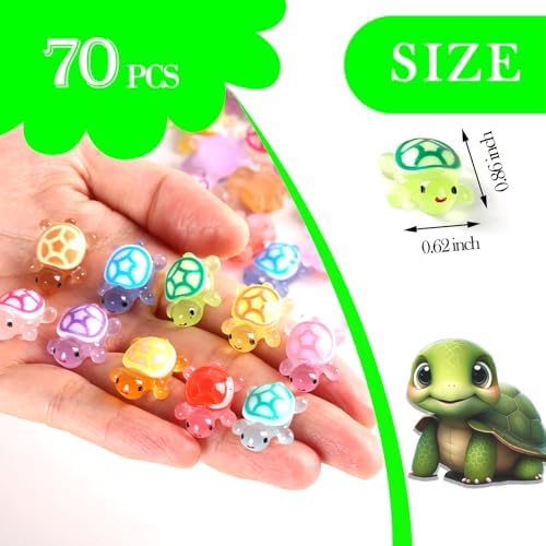 Glow in the dark mini resin turtles illuminating in a dark room setting to showcase phosphorescent features