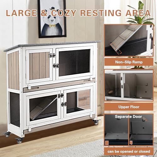 Gowoodhut 36" L Rabbit Hutch Indoor Wooden 2 Story Bunny Hutch Rabbit Cage Outdoor Bunny Cage on 4 Metal Wheels and 2 Deeper Pull Out Trays, Ramp, Guinea Pig Pet House for Small Animals, Grey - Image 6