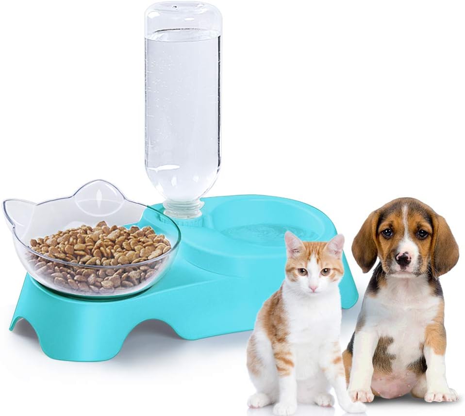 MILIFUN Double Dog Cat Bowls - Pets Water and Food Bowl Set, 15 degreesTilted Water and Food Bowl Set with Automatic Waterer Bottle for Small or Medium Size Dogs Cats - Image 9