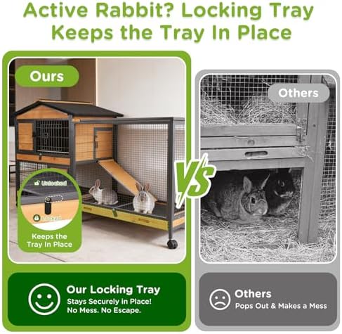 GUTINNEEN 2-Story Rabbit Hutch with Chew-Proof Full Metal Frame for Indoor/Outdoor - 62" Bunny Cage with 6 Locking Casters & 2 Pull-Out Trays for Rabbits, Guinea Pigs, Small Pets (Brown) - Image 3