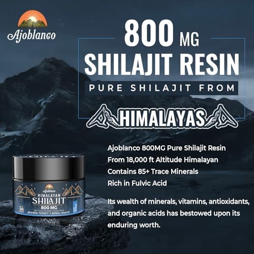 High potency 800 mg shilajit supplement label showing detailed ingredients and trace mineral counts.