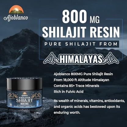 High potency 800 mg shilajit supplement label showing detailed ingredients and trace mineral counts.