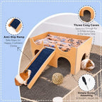 Guinea Pig Wooden Hideout with Built-in Feeder, Screw-Assembled Natural Wood Castle with Absorbent Fleece Mat, Ramp & Accessories, Cozy Safe Hideaway for Small Pets to Rest, Play & Explore - Image 4