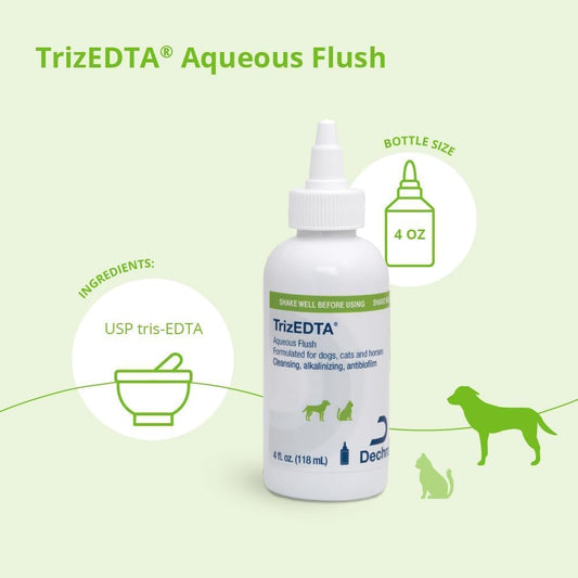 Close up of DechraSupply TrizEDTA crystals bottle for pet ear cleaning