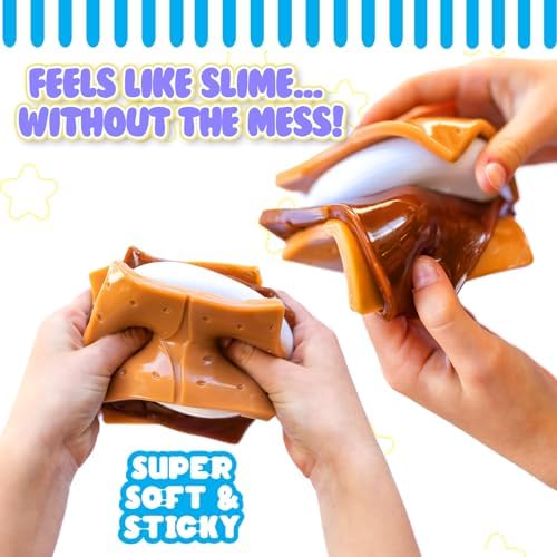Side view of the three point five inch Mushmeez s'more fidget toy highlighting the stretchy chocolate middle section