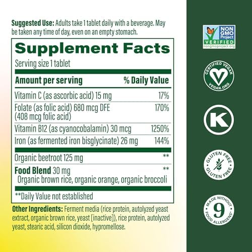 MegaFood Blood Builder dietary supplement label detailing real food ingredients including organic beetroot and orange