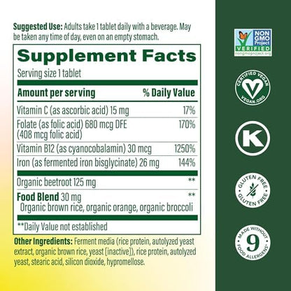 MegaFood Blood Builder dietary supplement label detailing real food ingredients including organic beetroot and orange