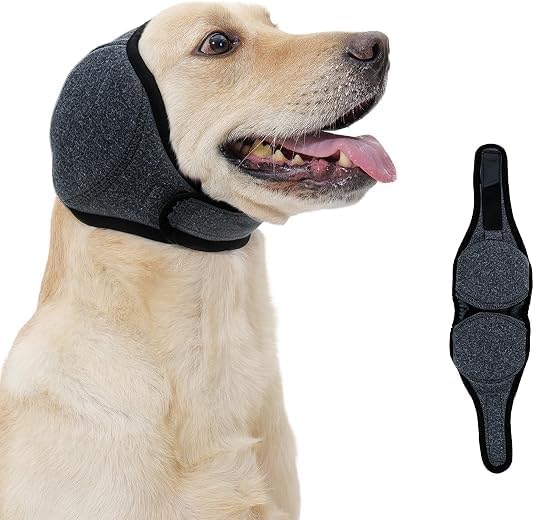 Yuyuso Dog Ear Muffs front view on a small dog for noise protection
