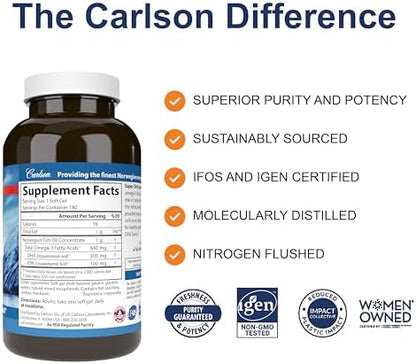Carlson Super DHA Gems dietary supplement showing ingredient facts and dosage directions