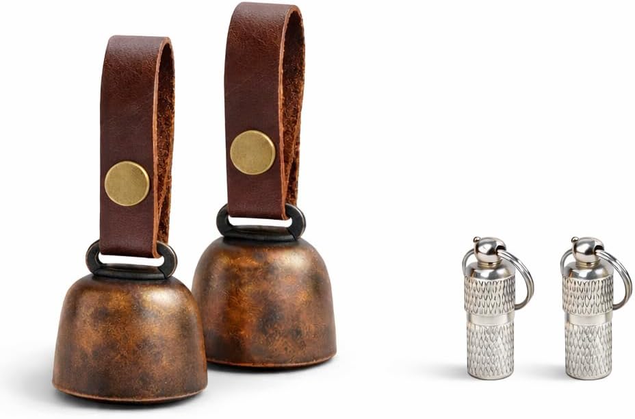 Kcrygogo leather dog collar bell front view showcasing the full-grain leather strap and vintage copper bell.