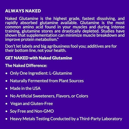 Back of Naked L-Glutamine jar showing ingredients and nutritional facts