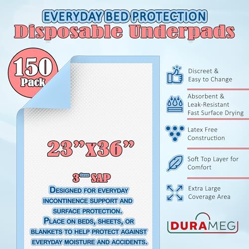Durameg disposable incontinence bed pads showing the blue waterproof backing sheet.