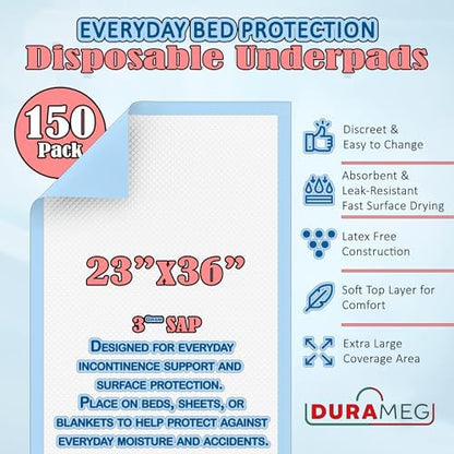 Durameg disposable incontinence bed pads showing the blue waterproof backing sheet.
