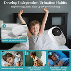 White wireless pee alarm transmitter clipped to undergarments for demonstration.