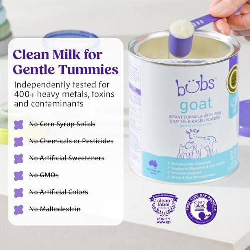 Premium non-GMO goat milk baby formula powder texture close up view