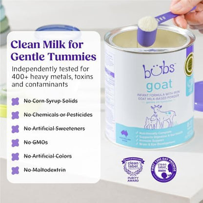 Premium non-GMO goat milk baby formula powder texture close up view