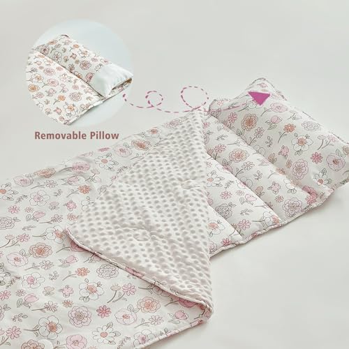 Thick cushioned toddler nap mat being rolled up for school travel