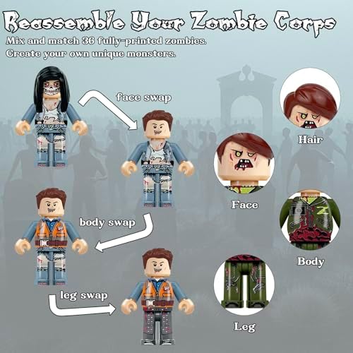 Close up view of custom printed zombie doctor and soldier building brick characters