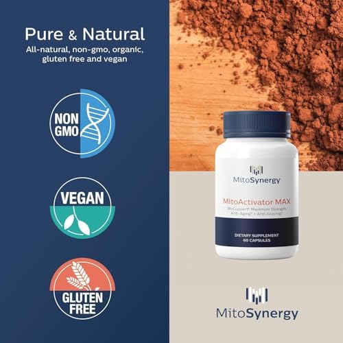 Side view of MitoSynergy mitochondrial energy supplement with ingredient and dosage facts