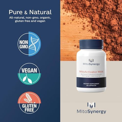 Side view of MitoSynergy mitochondrial energy supplement with ingredient and dosage facts