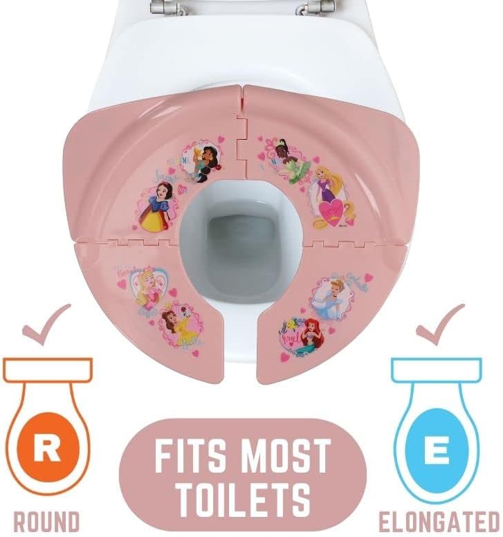 Disney character themed travel potty seat resting securely on top of a standard adult toilet
