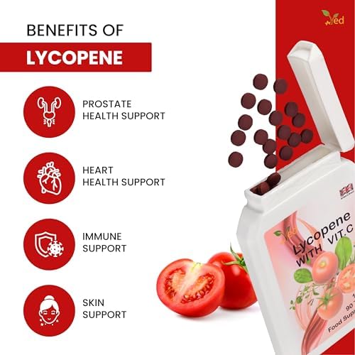 Ved Lycopene supplement bottle next to a natural tomato extract representation