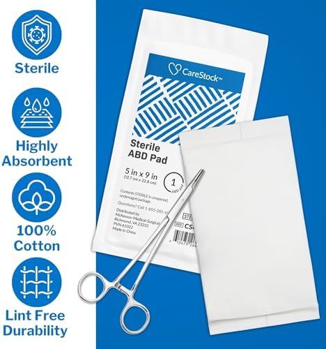 CareStock 5x9 inches ABD pads showing individual sterile packaging