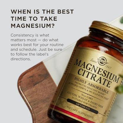 Close up view of Solgar Magnesium Citrate tablets showing texture and size details