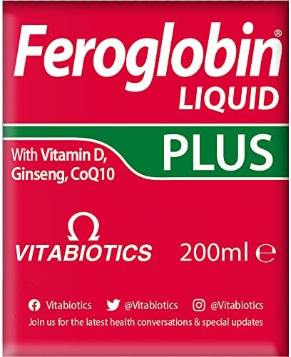 Authentic Vitabiotics Feroglobin Liquid Plus imported packaging showing adult dosage instructions