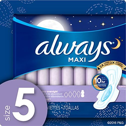 Always Size 5 Maxi Pads with wings highlighting 10 hour leak protection.