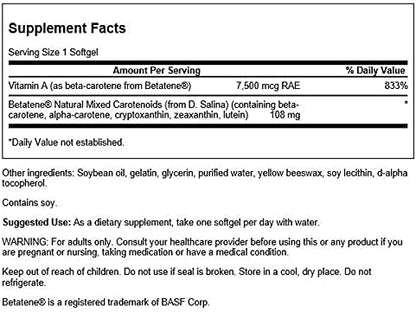 Swanson Betatene 60 softgels label details